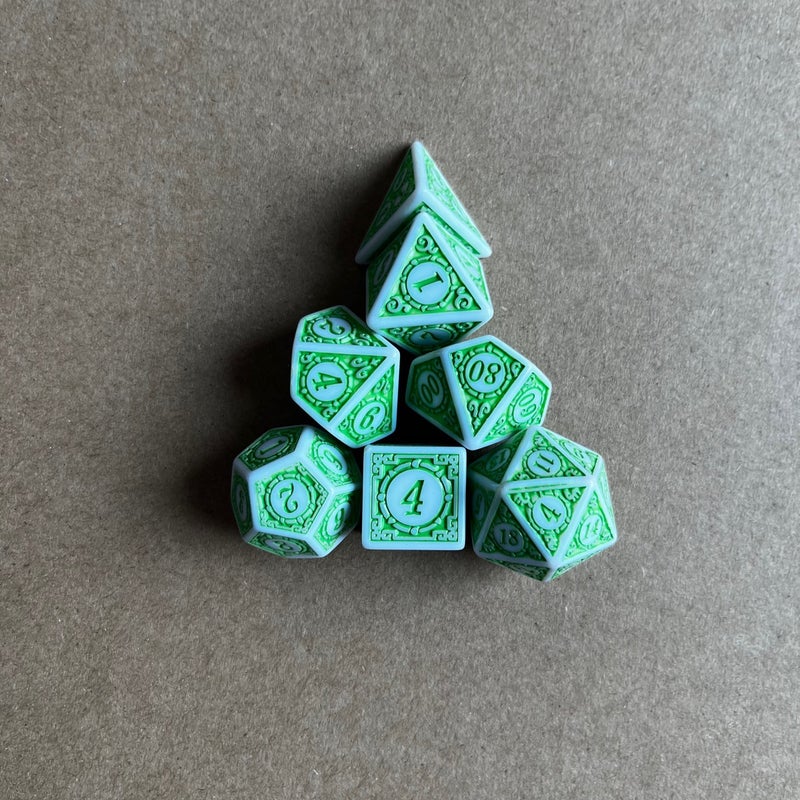 Patented Set Of Seven Complex Patterns, Retro Antique Solid Color White Dot Oil Graphics Dice Game Dice Sale - Image 1