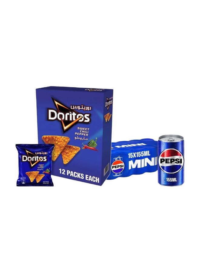 Pepsi Doritos Sweet Chili Chips 21grams Pack of 12 + Pepsi Cola Mini Cans 15 x 155ml