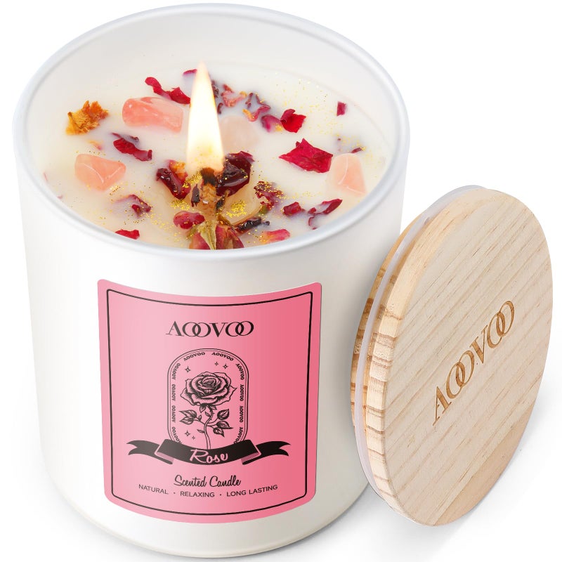 AOOVOO Rose Scented Candles for Women - Aromatherapy Candle with Crystals Inside, 10oz Soy Candles for Home Scented, Birthday Gifts Mothers Day Candle for Mom Women - Image 1