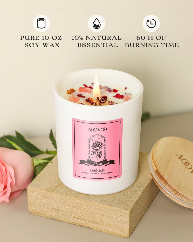 AOOVOO Rose Scented Candles for Women - Aromatherapy Candle with Crystals Inside, 10oz Soy Candles for Home Scented, Birthday Gifts Mothers Day Candle for Mom Women - Image 2