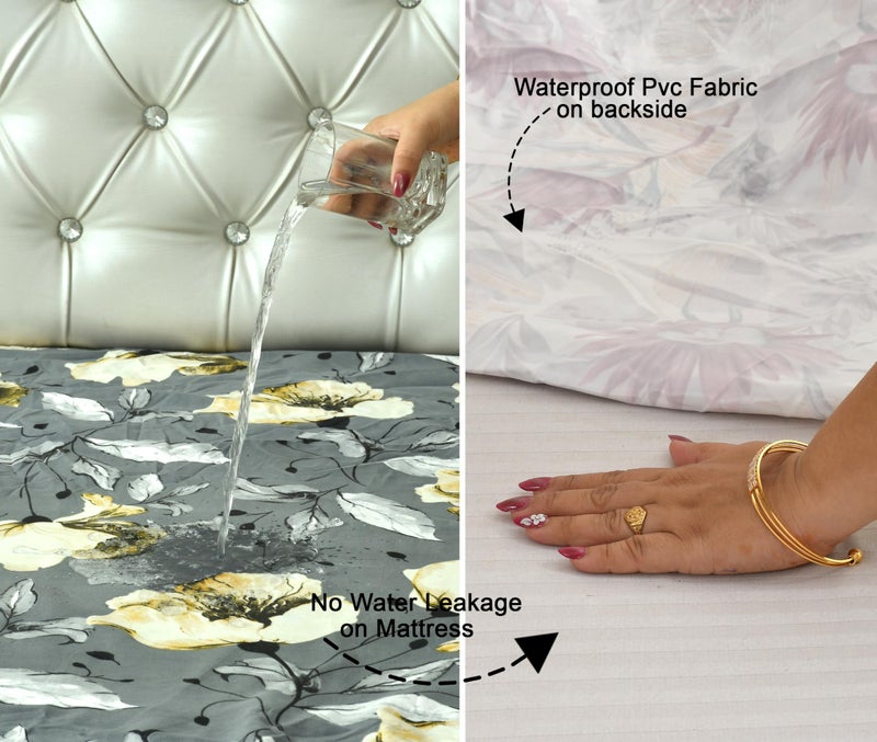 TIB Waterproof Elastic Fitted King Size Bedsheet, 72x78x8 Inch, Elastic bedsheets for King Size Bed with 2 Waterproof Pillow Covers, 18x28 Inch, (Gray Flower) - Image 2