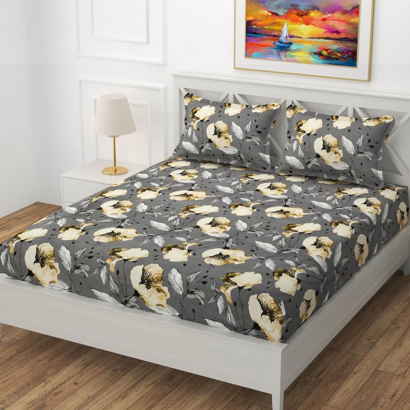 TIB Waterproof Elastic Fitted King Size Bedsheet, 72x78x8 Inch, Elastic bedsheets for King Size Bed with 2 Waterproof Pillow Covers, 18x28 Inch, (Gray Flower) - Image 1