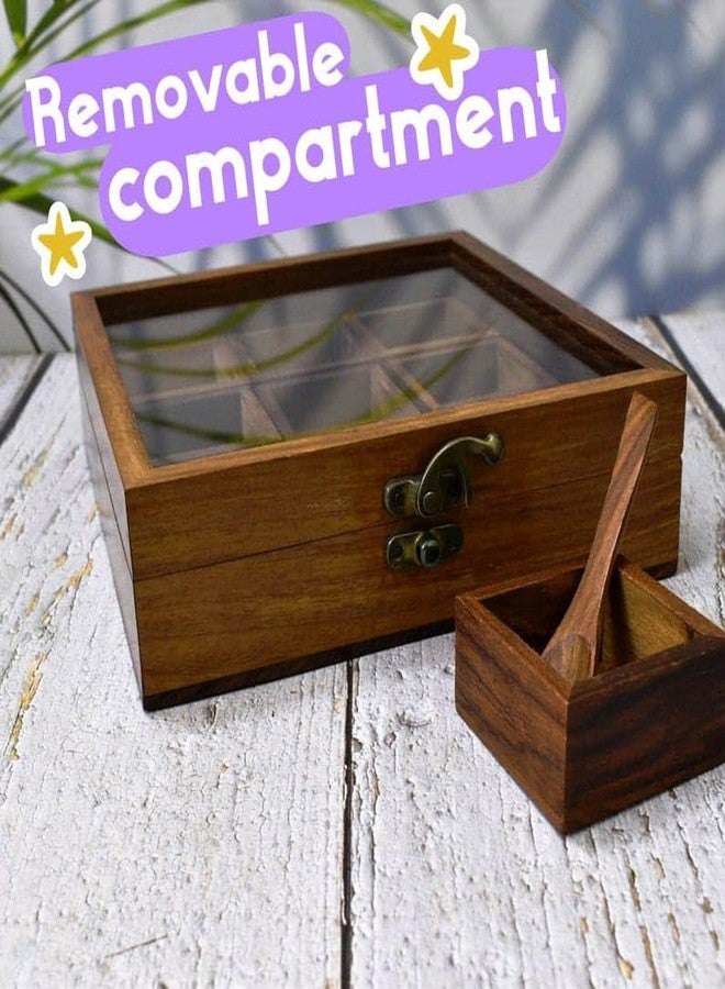 UMAAS® Spice Box for Kitchen with 2 Spoons/Sheesham Wooden Table Top Masala Dabba 9 Containers Jars & Kitchen Spice Box/Masala Box for Kitchen (Removable Partitions, Brown), ANE*8 - Image 5