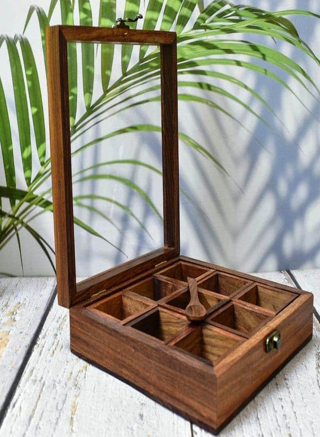 UMAAS® Spice Box for Kitchen with 2 Spoons/Sheesham Wooden Table Top Masala Dabba 9 Containers Jars & Kitchen Spice Box/Masala Box for Kitchen (Removable Partitions, Brown), ANE*8 - Image 3