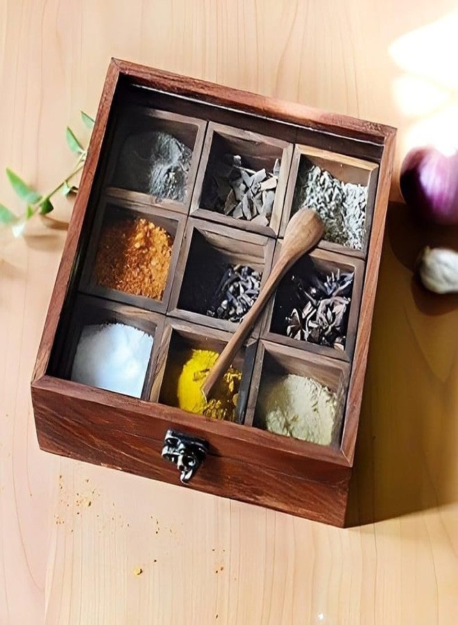 UMAAS® Spice Box for Kitchen with 2 Spoons/Sheesham Wooden Table Top Masala Dabba 9 Containers Jars & Kitchen Spice Box/Masala Box for Kitchen (Removable Partitions, Brown), ANE*8 - Image 1