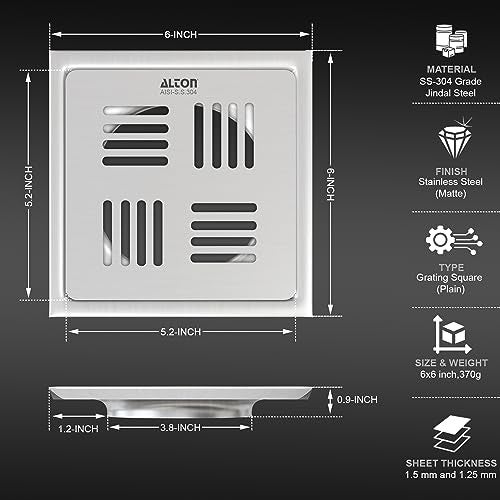 ALTON ALD1001, SS-304 Grade, 6x6 INCH Plain, Bathroom Grating Square Floor Drain Jali, Matte - Image 2