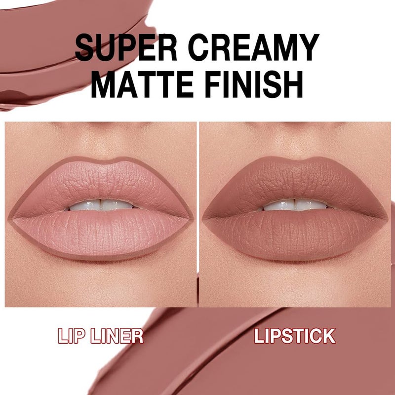 evpct Nuetral Nude Gradient Matte Lipstick Lip Liner Crayon Combo Pencil Set for Older Women Long Lasting Waterproof, Matte Brown Nude Cream Lip Liner and Lipstick Combo Makeup, Flawless Ombre Effect - Image 3