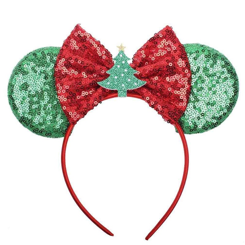 LSHDXD Christmas Mouse Ears Bow Headband Hair Hoop for Women Girls Sequin Hair bands Hair Accessories with Christmas Tree Patter for Christmas Party Supplies Hot Pink Princess Dress Up