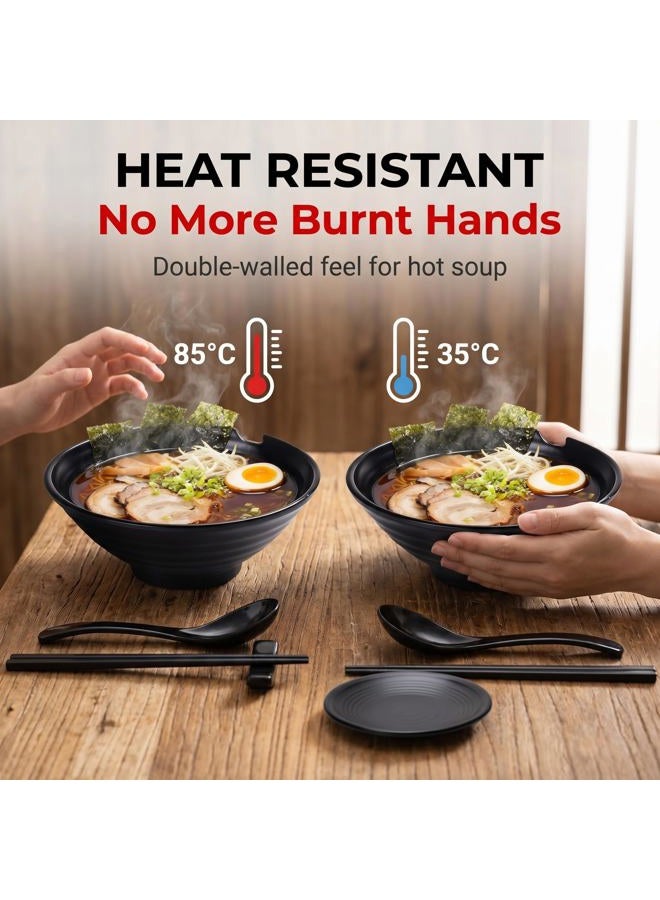 Vivimee Unbreakable Japanese Style Ramen Bowl Set of 2, 37oz Black Large Ramen Bowls and Spoons Set with Chopsticks & Saucers for Pho Thai Miso Udon Soup Noodles or Asian Food, Matte Melamine Bowls - Image 3
