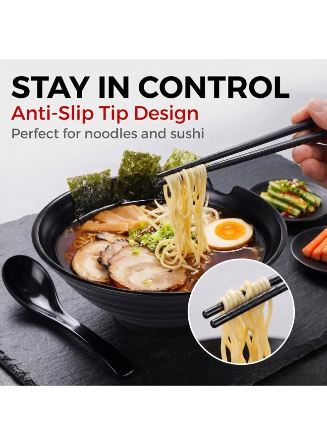 Vivimee Unbreakable Japanese Style Ramen Bowl Set of 2, 37oz Black Large Ramen Bowls and Spoons Set with Chopsticks & Saucers for Pho Thai Miso Udon Soup Noodles or Asian Food, Matte Melamine Bowls - Image 4
