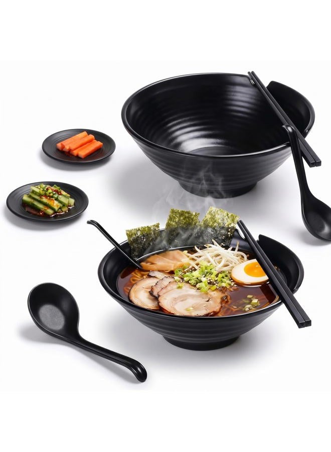 Vivimee Unbreakable Japanese Style Ramen Bowl Set of 2, 37oz Black Large Ramen Bowls and Spoons Set with Chopsticks & Saucers for Pho Thai Miso Udon Soup Noodles or Asian Food, Matte Melamine Bowls - Image 1