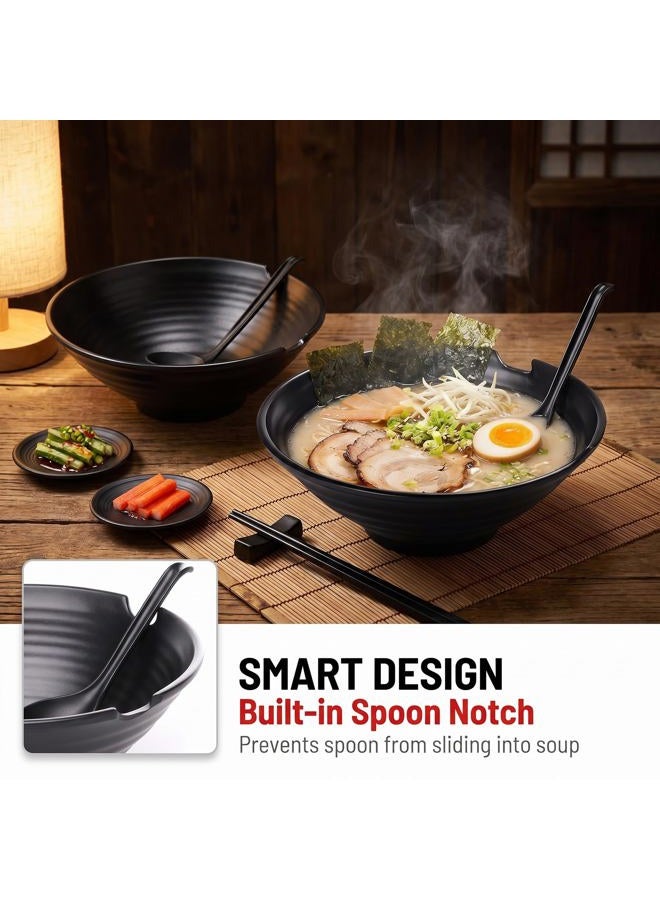 Vivimee Unbreakable Japanese Style Ramen Bowl Set of 2, 37oz Black Large Ramen Bowls and Spoons Set with Chopsticks & Saucers for Pho Thai Miso Udon Soup Noodles or Asian Food, Matte Melamine Bowls - Image 5