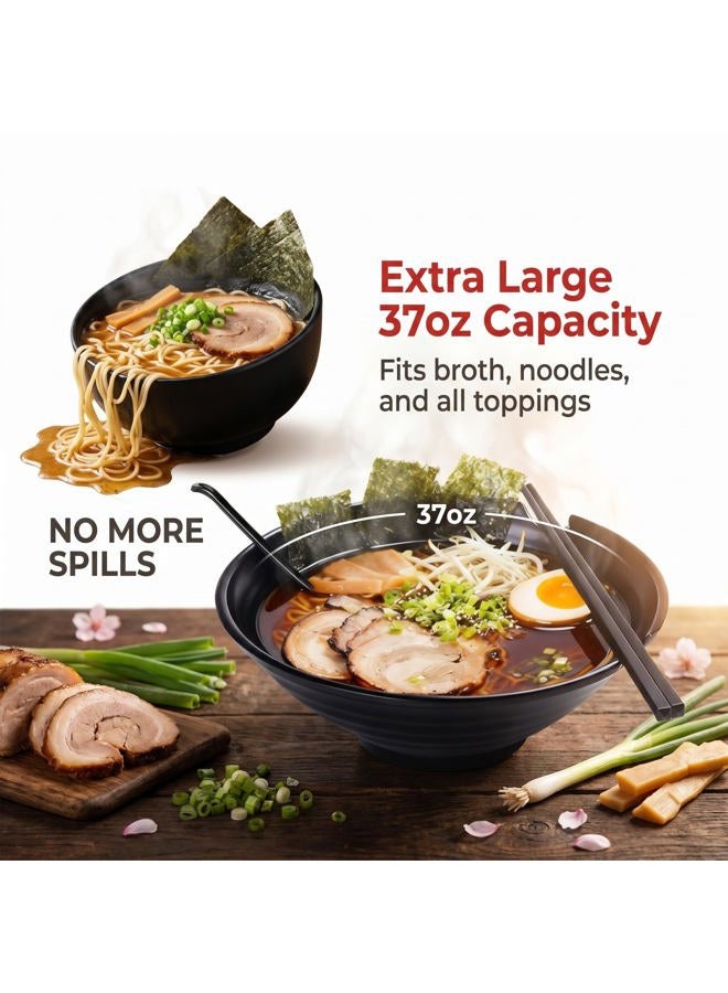 Vivimee Unbreakable Japanese Style Ramen Bowl Set of 2, 37oz Black Large Ramen Bowls and Spoons Set with Chopsticks & Saucers for Pho Thai Miso Udon Soup Noodles or Asian Food, Matte Melamine Bowls - Image 2