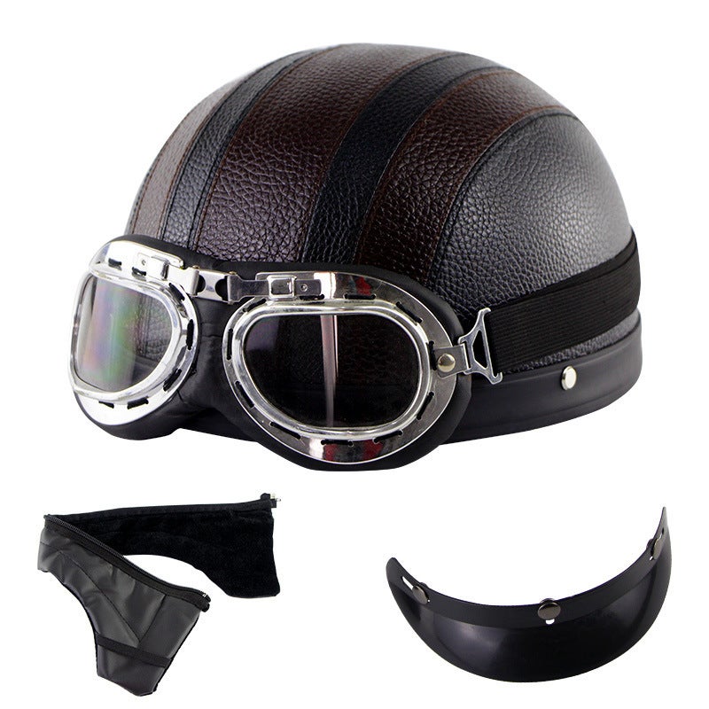 Generic Motorcycle Harley Half Helmet Summer Safety Brown leather helmet + Harley goggles + detachable scarf