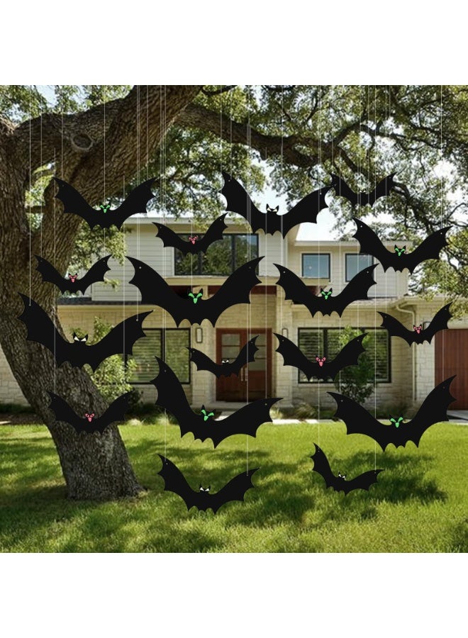 12 Pieces Bat Hanging Decorations, Hanging Bats in 3 Different Sizes, Realistic Scary Black Bat Stickers with Glowing Eyes, Suitable for Walls, Trees, Lawns and Indoor Party Decorations Halloween - Image 3