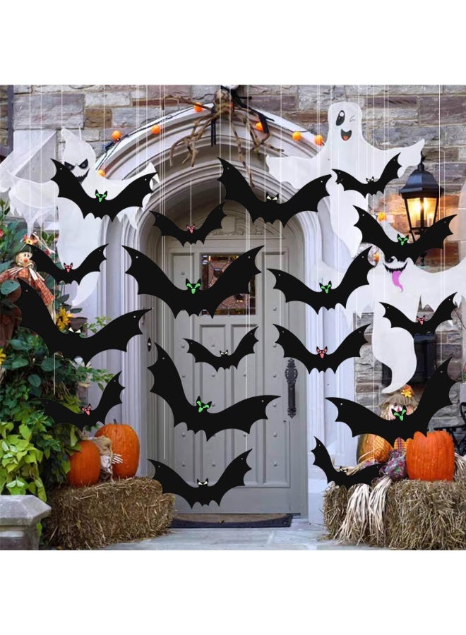 12 Pieces Bat Hanging Decorations, Hanging Bats in 3 Different Sizes, Realistic Scary Black Bat Stickers with Glowing Eyes, Suitable for Walls, Trees, Lawns and Indoor Party Decorations Halloween - Image 5