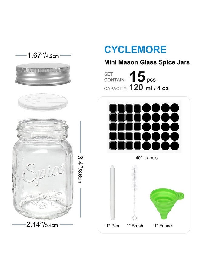 CycleMore 15 Pack 4Oz Glass Mason Spice Jars Round Spice Containers With Silver Metal Caps And Pour/Sift Shaker Lids40Pcs Labels1Pcs Silicone Collapsible Funnel1Pcs Brush And 1Pcs Pen Included - Image 2