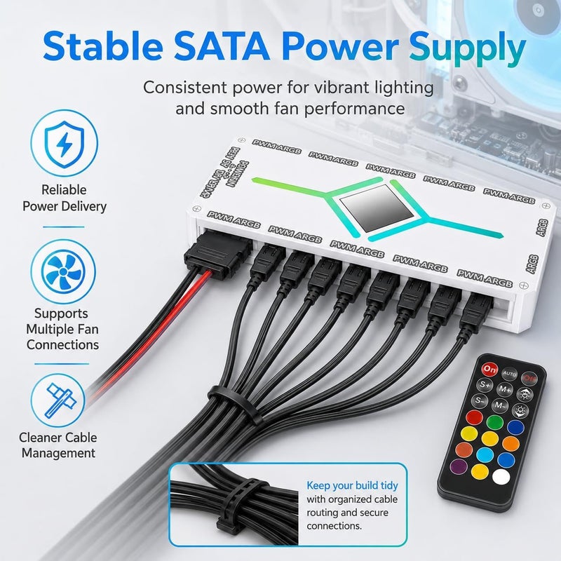 محور مروحة كمبيوتر مزود بـ 12 منفذ ARGB و 10 منافذ PWM، وحدة تحكم ARGB 5V 3-Pin وموزع مروحة PWM 12V 4-Pin مع جهاز تحكم عن بعد لاسلكي، مزود طاقة SATA، إكسسوارات كمبيوتر ألعاب تدعم مزامنة اللوحة الأم (أبيض) - Image 4