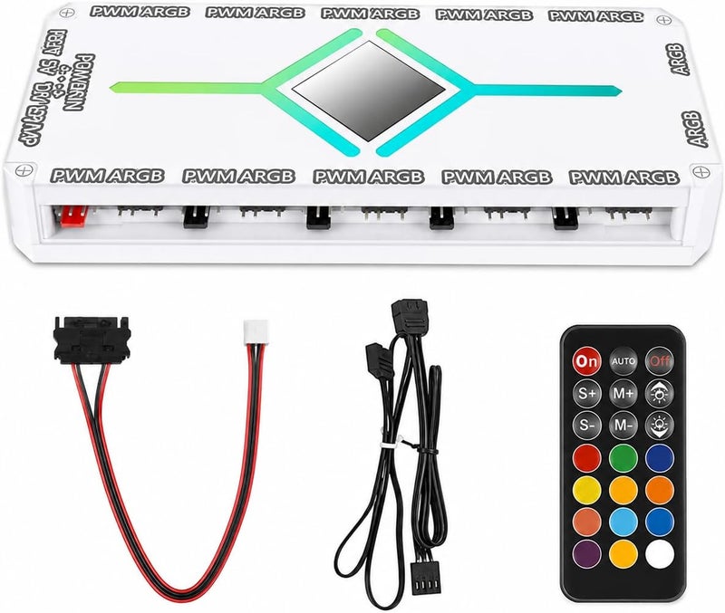 محور مروحة كمبيوتر مزود بـ 12 منفذ ARGB و 10 منافذ PWM، وحدة تحكم ARGB 5V 3-Pin وموزع مروحة PWM 12V 4-Pin مع جهاز تحكم عن بعد لاسلكي، مزود طاقة SATA، إكسسوارات كمبيوتر ألعاب تدعم مزامنة اللوحة الأم (أبيض) - Image 1