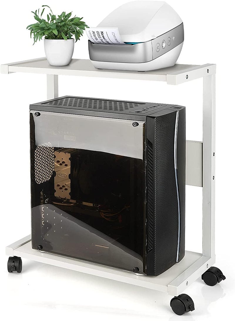 Generic Indian Decor 45152 Space Saving Racks MultiLayer fax Racks Computer Tower Stand PC Stand 2Tier CPU Stand with Lockable Wheels Under Desk Fits Most PC White  - Image 1
