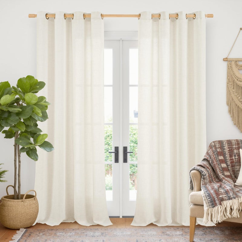 YoungsTex 95 Inch Length Ivory Linen Curtains Living Room, Semi Sheer Drapes Light Filtering with Bronze Grommet Privacy for Bedroom Farmhouse Window Decorative, 52 x 95 Inch, 2 Panels - Image 1