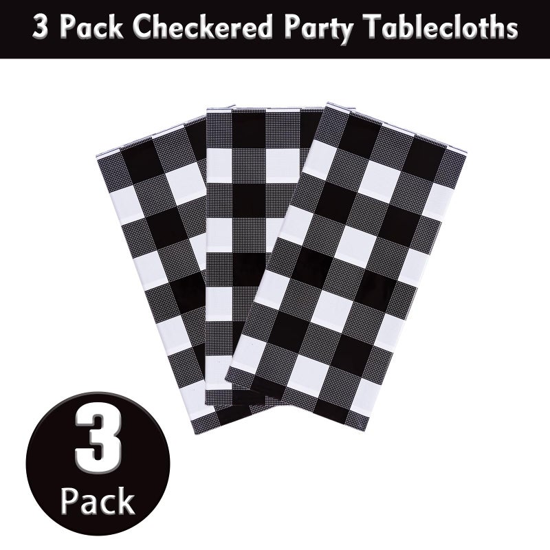 Kesfey 3 Packs Black Gingham Tablecloths 54 x 108 inch Black and White Checkered Tablecloth Disposable Plastic Plaid Picnic Tablecover Waterproof Fall Checkered Table Cloth for Camping Halloween Party - Image 2