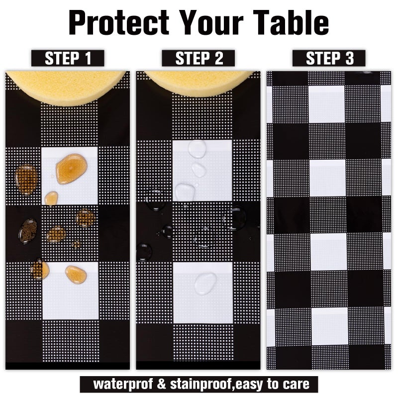 Kesfey 3 Packs Black Gingham Tablecloths 54 x 108 inch Black and White Checkered Tablecloth Disposable Plastic Plaid Picnic Tablecover Waterproof Fall Checkered Table Cloth for Camping Halloween Party - Image 3