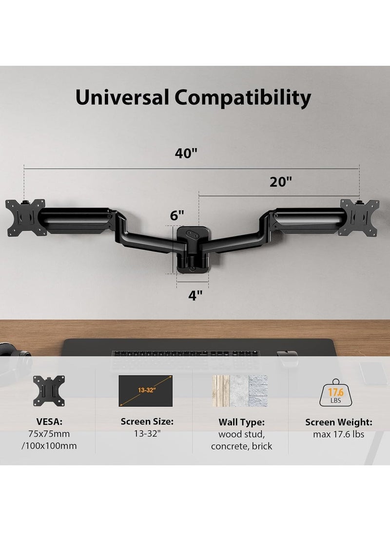 JAJEEK Dual Monitor Wall Mount – Gas Spring Monitor Wall Arm for 17-32 Inch Screens, Holds Up to 18lbs, VESA 75x75/100x100mm, Adjustable Wall-Mounted Monitor Stand for 2 Monitors – Ergonomic, Space-Saving Design for Home & Office  - Image 3