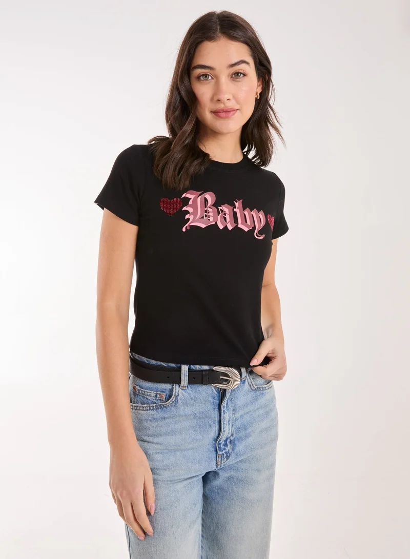 Pink Vanilla Slogan Heart Diamante Baby Tee