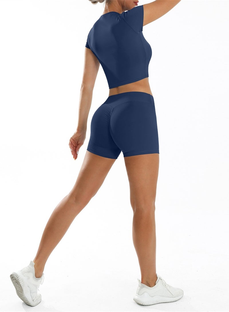 general Yoga Outfits for Women 2 Piece Set Tracksuit Short Sleeve Crop Top Push Up Shorts Sportswear  - Image 3
