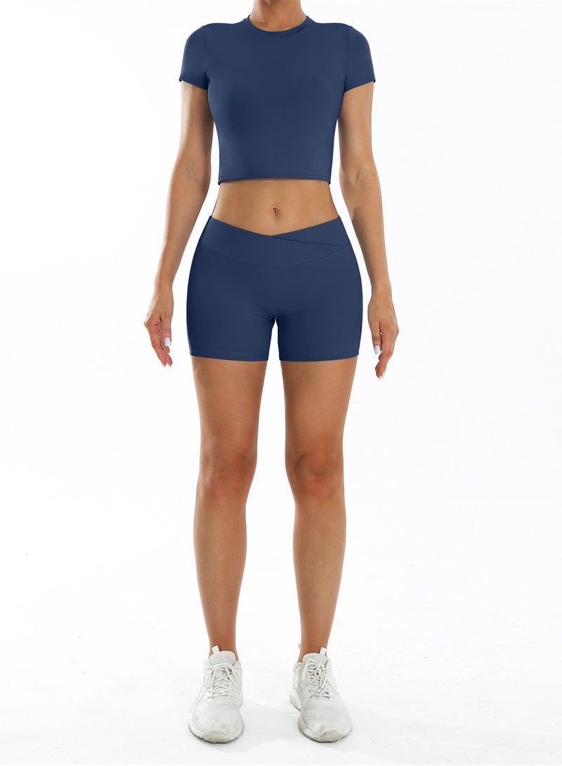 general Yoga Outfits for Women 2 Piece Set Tracksuit Short Sleeve Crop Top Push Up Shorts Sportswear  - Image 1