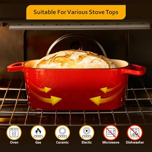 Velaze 3.6QT Dutch Oven for Bread Baking,Oval Cast Iron Enameled Bread Oven Pan with Lid and Offset Handles,Oven Safe to 500°F for Homemade Sourdough Bread(Red) - Image 4