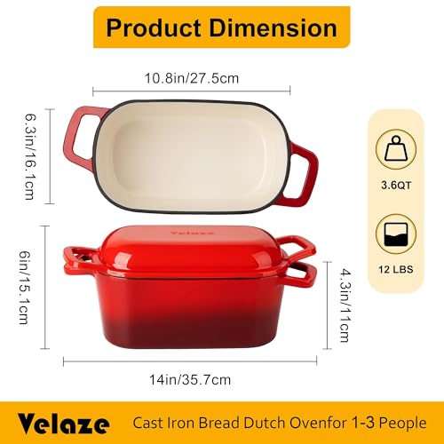 Velaze 3.6QT Dutch Oven for Bread Baking,Oval Cast Iron Enameled Bread Oven Pan with Lid and Offset Handles,Oven Safe to 500°F for Homemade Sourdough Bread(Red) - Image 2