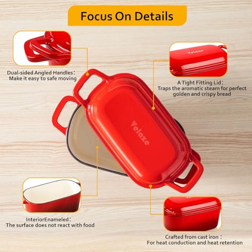 Velaze 3.6QT Dutch Oven for Bread Baking,Oval Cast Iron Enameled Bread Oven Pan with Lid and Offset Handles,Oven Safe to 500°F for Homemade Sourdough Bread(Red) - Image 5