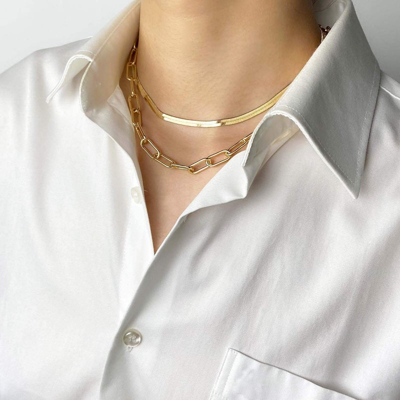 BaubleStar Link Layered Collar Necklace 14K Gold Plated Layering Paperclip Chain Herringbone Snake Choker Statement Fashion Jewelry for Women - Image 3
