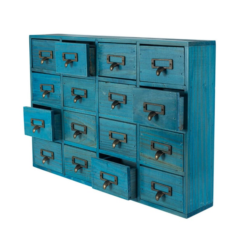 PACKGILO 16 Drawers Apothecary Cabinet with Drawers Tabletop Apothecary Chests and Cabinets Library Card Catalog Cabinet Herb Storage Box Wooden Desk Drawer Organizer Medicine Vintage Furniture (BLUE) - Image 1