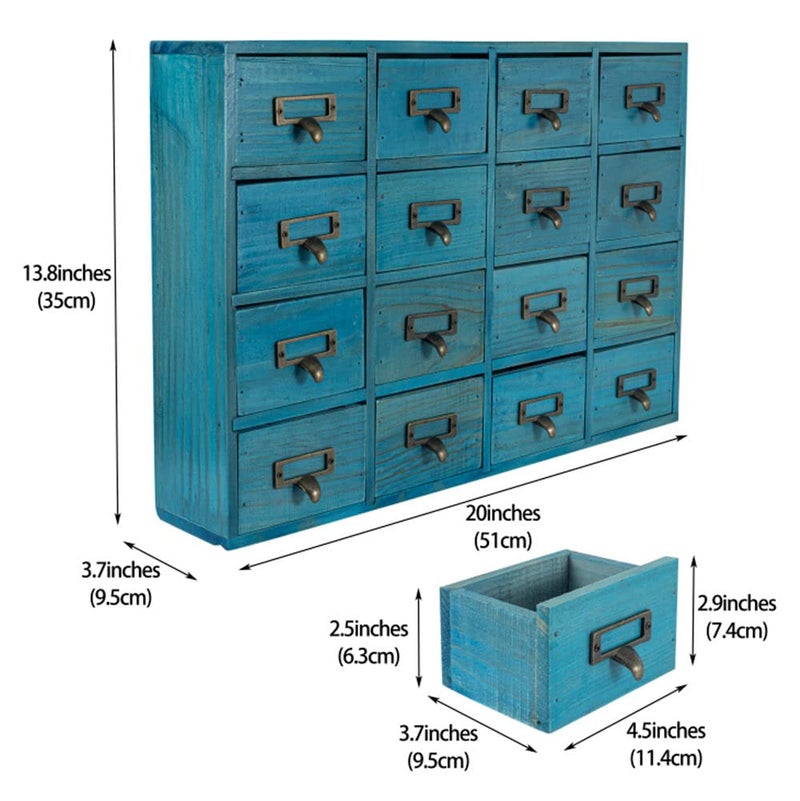 PACKGILO 16 Drawers Apothecary Cabinet with Drawers Tabletop Apothecary Chests and Cabinets Library Card Catalog Cabinet Herb Storage Box Wooden Desk Drawer Organizer Medicine Vintage Furniture (BLUE) - Image 4