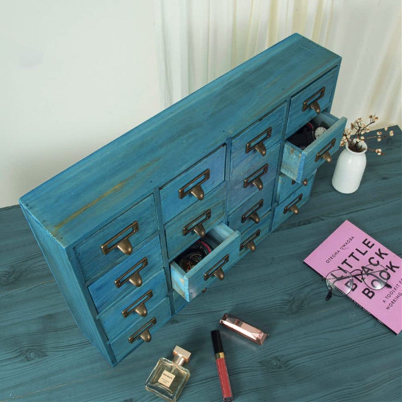 PACKGILO 16 Drawers Apothecary Cabinet with Drawers Tabletop Apothecary Chests and Cabinets Library Card Catalog Cabinet Herb Storage Box Wooden Desk Drawer Organizer Medicine Vintage Furniture (BLUE) - Image 5