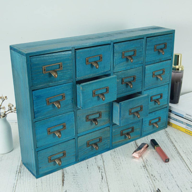 PACKGILO 16 Drawers Apothecary Cabinet with Drawers Tabletop Apothecary Chests and Cabinets Library Card Catalog Cabinet Herb Storage Box Wooden Desk Drawer Organizer Medicine Vintage Furniture (BLUE) - Image 3