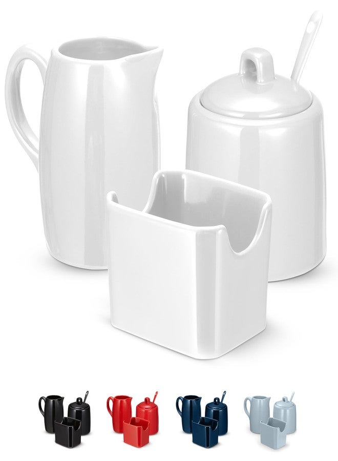 KooK Sugar and Creamer Set, 3 Piece, Pitcher, Sugar Bowl with Lid and Spoon, Sweetener Holder (White) - Image 1
