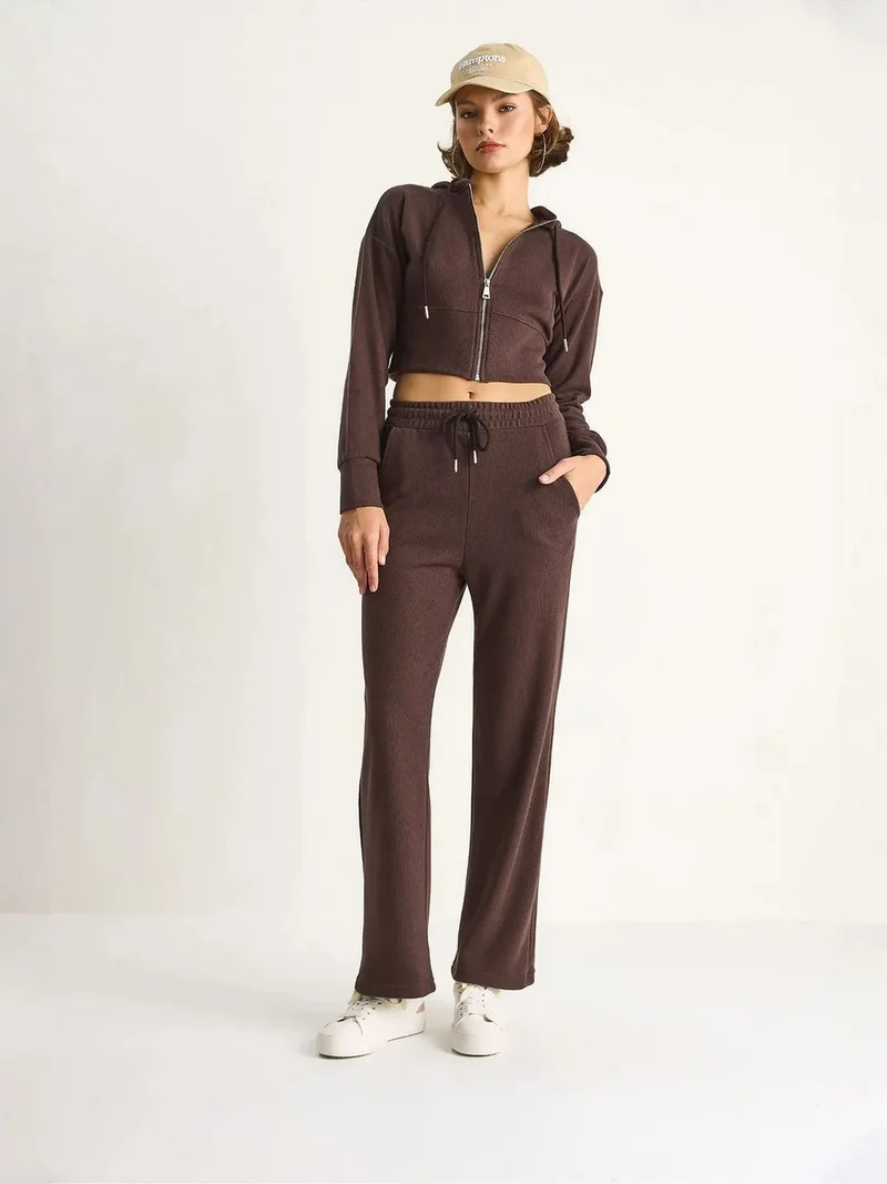 Bianco Lucci LUCCI Hooded Sweatshirt and Wide Leg Pants Two-Piece Set