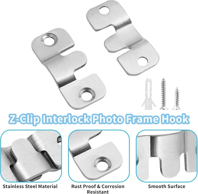 Zikra 4Pairs Flush Mount Brackets Heavy Duty Picture Hangers Z-Clip Interlock Photo Frame Hook Metal Keyhole Hangers for Hanging Headboards (44 x 19mm) - Image 2