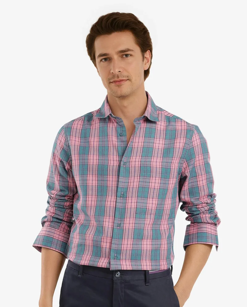 رير رابِت Rare Rabbit Men's Zamb Dark Turq Cotton Fabric Full Sleeve Oversized Fit Graphic Back Print Checks Shirt