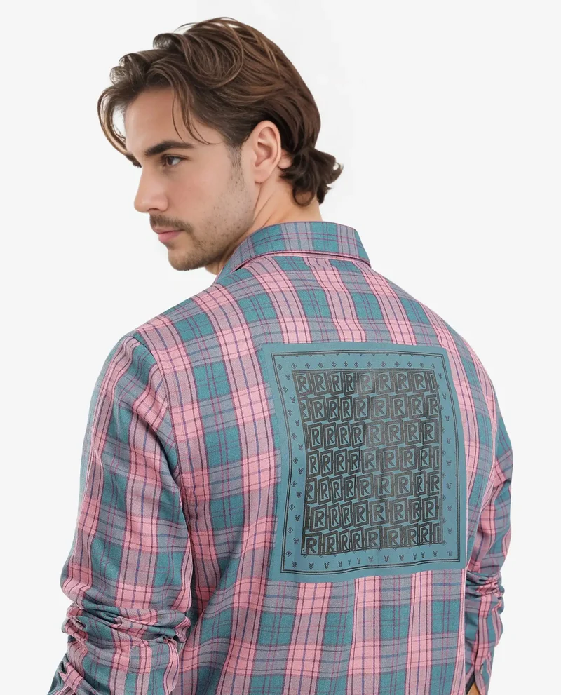 رير رابِت Rare Rabbit Men's Zamb Dark Turq Cotton Fabric Full Sleeve Oversized Fit Graphic Back Print Checks Shirt