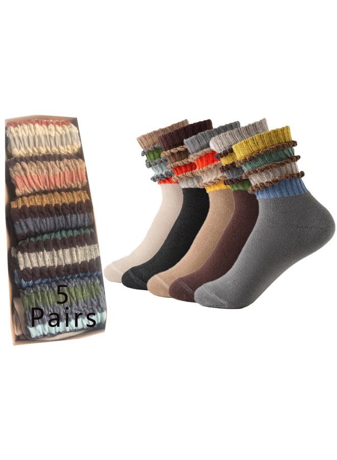 ANIDL 5 Pairs Colorful Striped Crew Socks Retro Sporty Tube Sock Casual Scrunch Slouch Socks Women, 5 Pairs-socks Set a, One size - Image 1