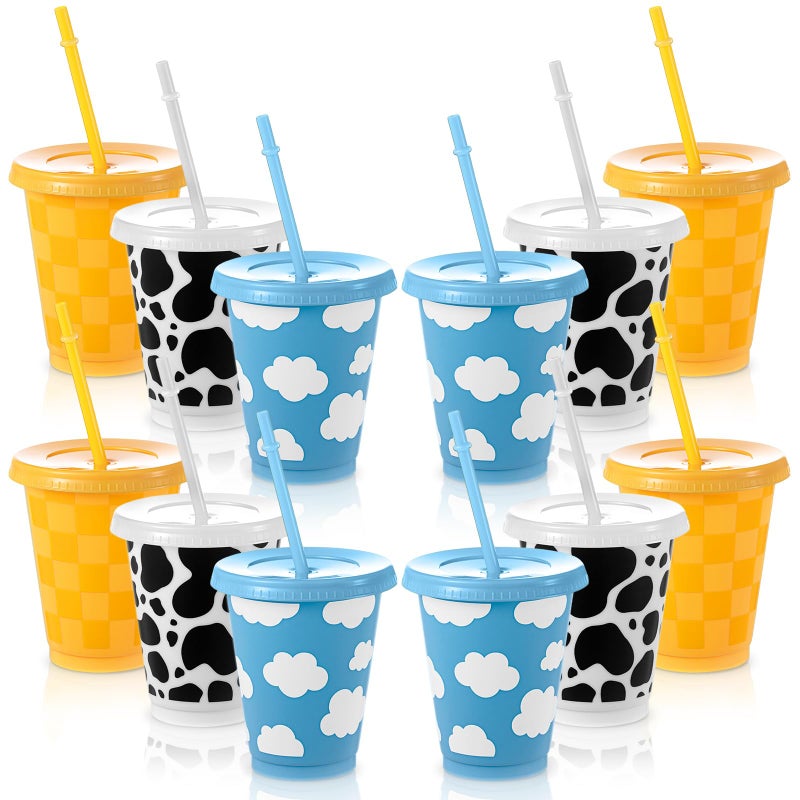 Tioncy 12 Pcs 16 Oz Cartoon Themed Party Reusable Plastic Cups Plastic Tumbler with Lid and Straw Drinking Cup Cartoon Carnival Birthday Party Supplies for Decorations - Image 1