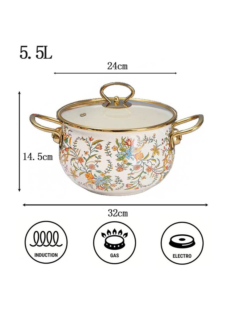 Aikanbo 5.5L Enamel Cooking Pot with Lid，Vintage Soup Pot，Floral Stew Bean Simmer Pot with Handle for Kitchen，Safe for Induction Cookers，Gas Stove（Flowers） - Image 2