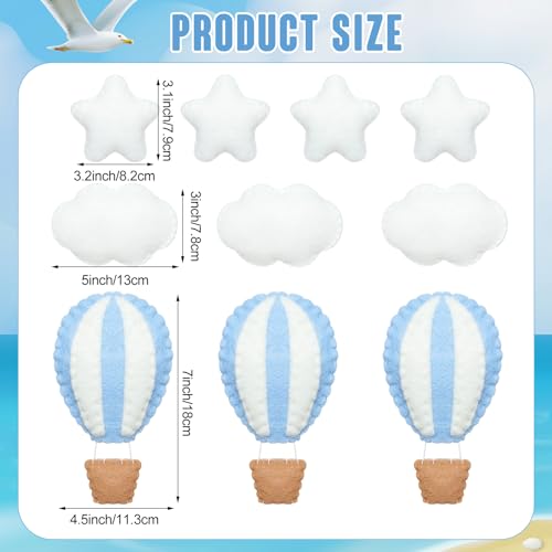 Poen 10 Pcs Star Hot Air Balloon and Cloud Nursery Decor Western Wall Decor for Bedroom Mini Felt Clouds Stars Hot Air Balloon Nursery Felt Wall for Kids Baby Bedroom(Blue) - Image 2
