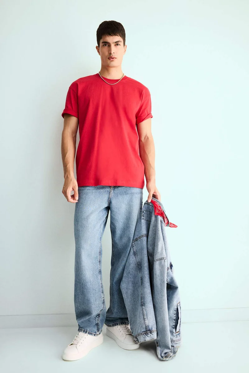 ديفاكتو 100% Cotton Boxy Fit Crew Neck Basic T-Shirt