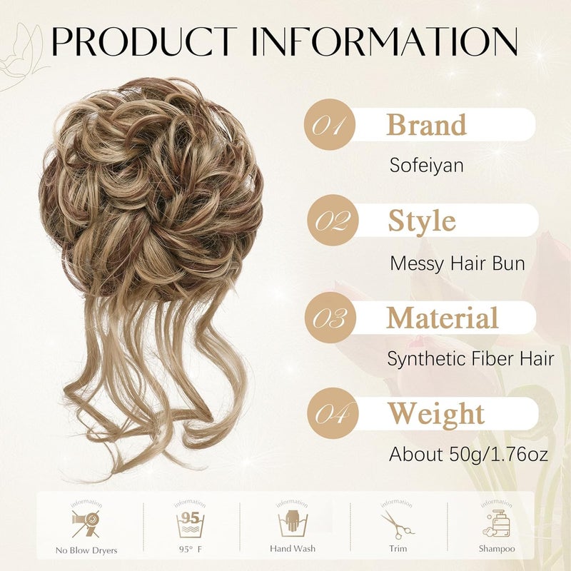 SOFEIYAN Messy Bun Hair Piece Curly Wavy Hair Bun Extensions Synthetic Tousled Updo with Tendrils Hairpieces Bun Donut Accessories Scrunchies for Women, Brown Mix Blond - Image 2